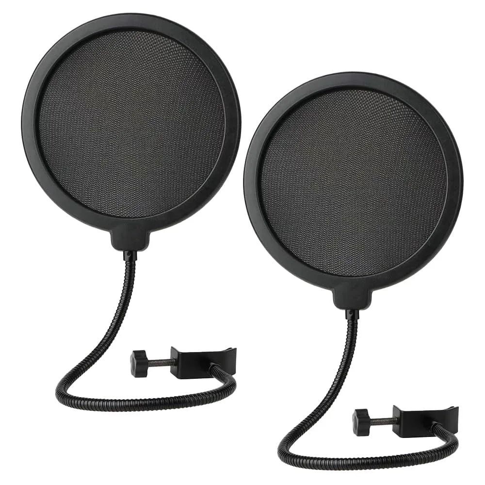 Two black circular mesh screens on flexible gooseneck arms with metal clamps