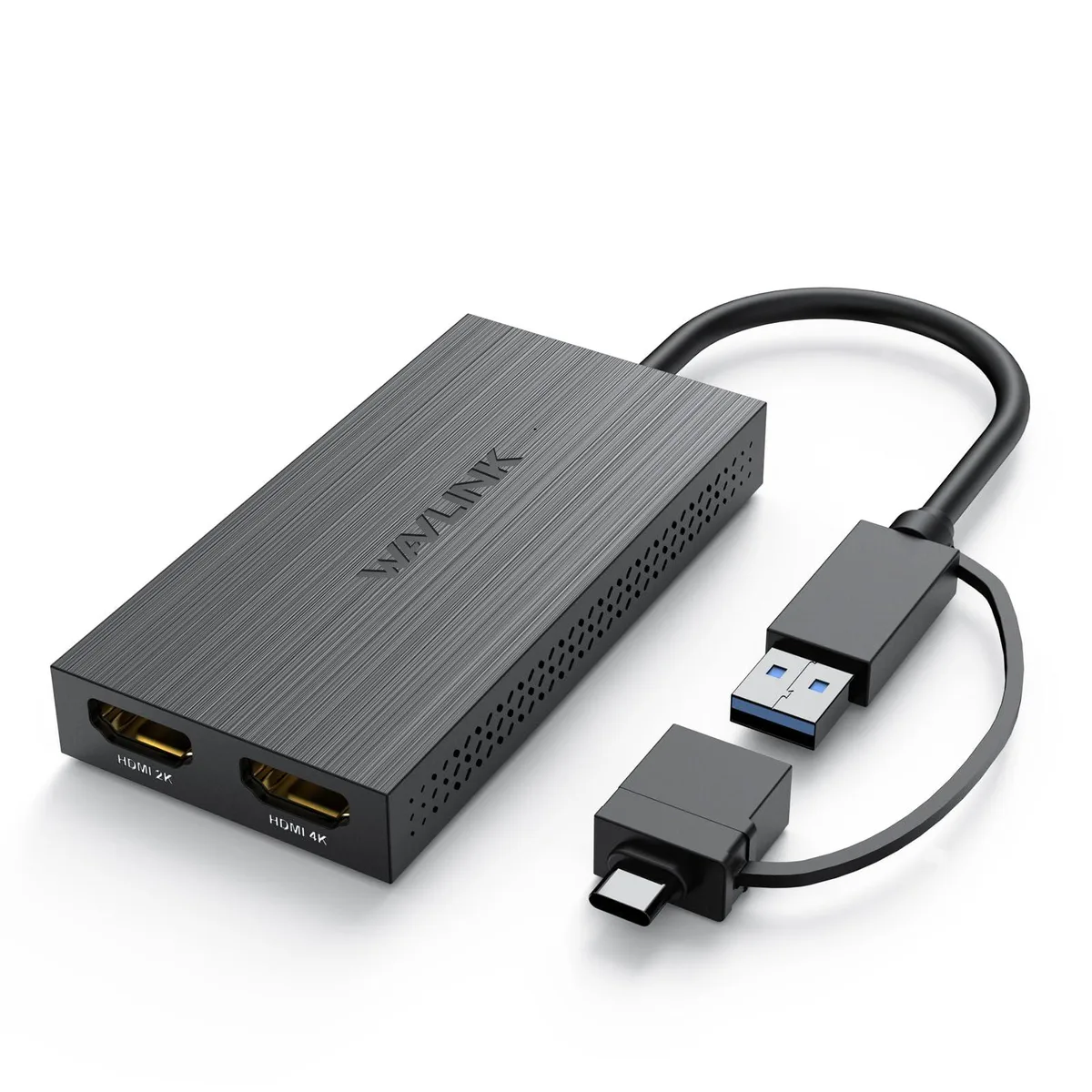 Compact rectangular adapter with two HDMI ports and a short attached cable ending in both USB-A and USB-C connectors