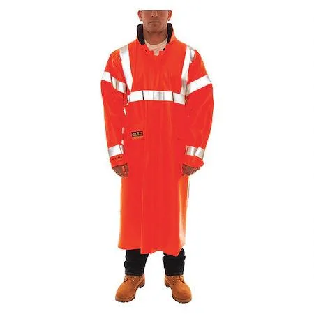 Orange arc flash rain coat with zipper front and reflective strips
