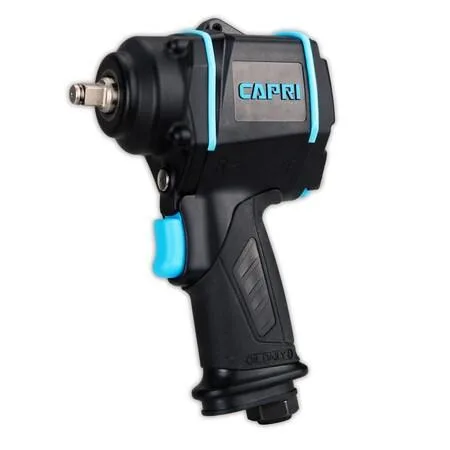 Compact stubby air impact wrench, composite housing, 1/2 inch drive, 4.8 inches long, grey and black finish