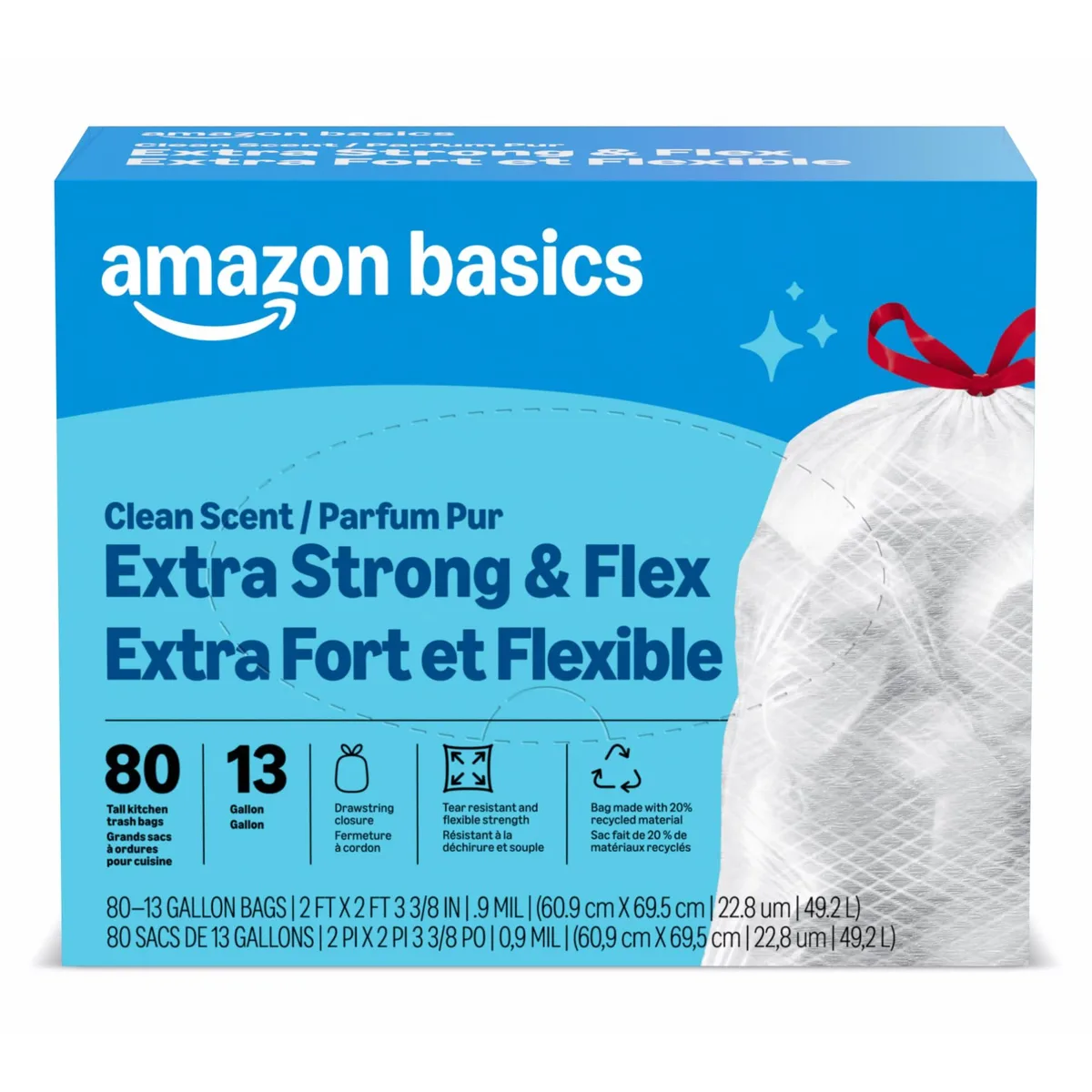 White 13-gallon drawstring trash bags in rectangular box, 80-count pack