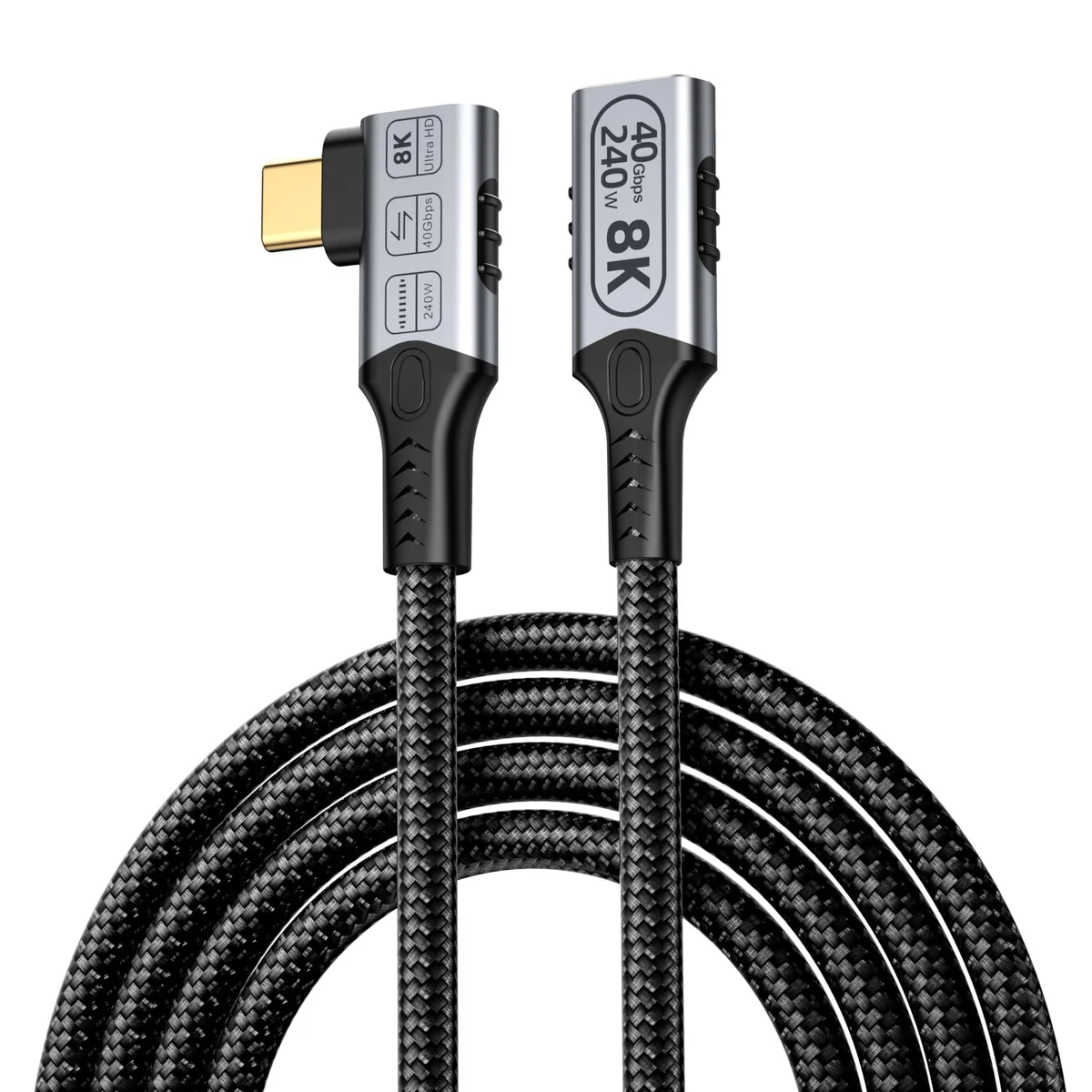 Grey nylon-braided USB-C male-to-female cable with 90° right-angle connector, 2 m length