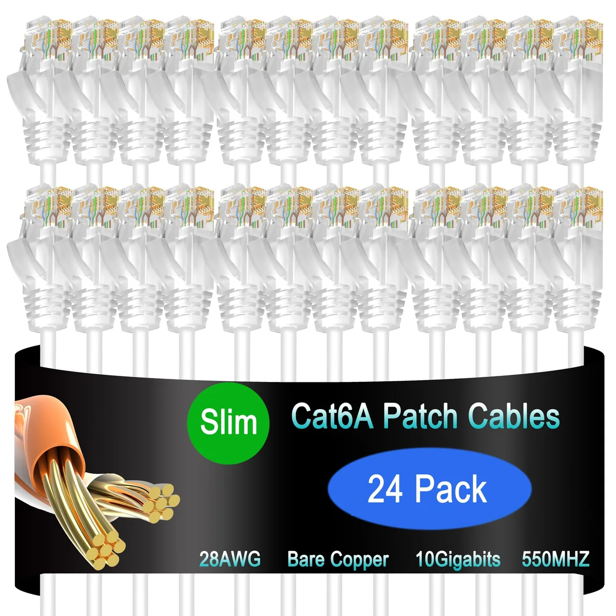 White Cat6a slim patch cables, 24 pack, 1 ft each, clear snagless RJ45 connectors