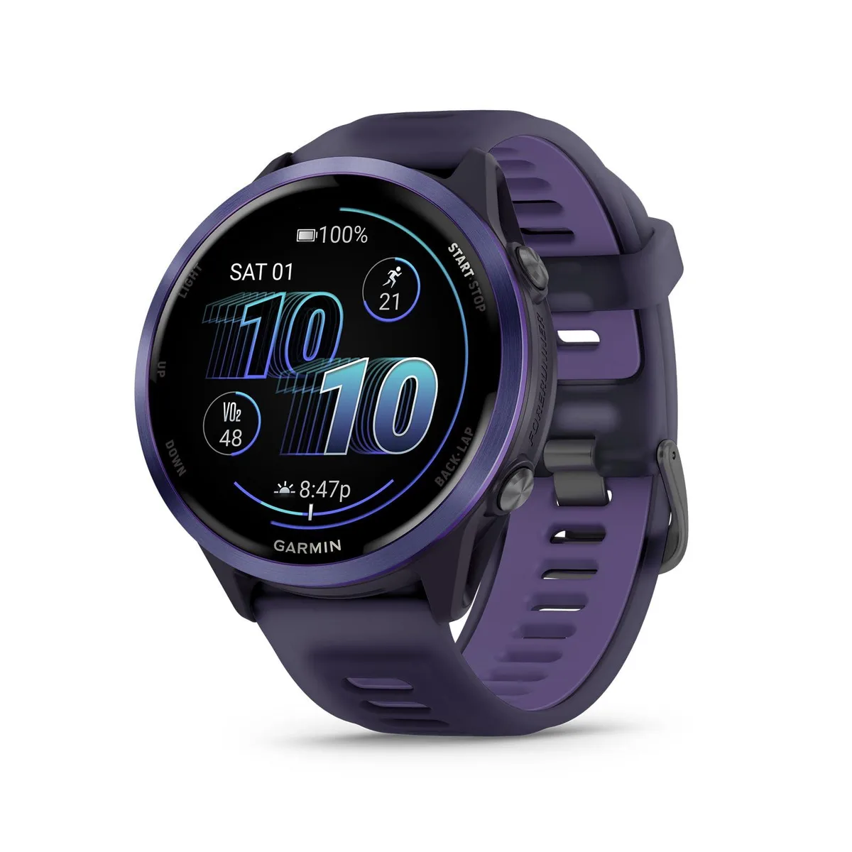 Garmin Forerunner 570 47mm purple smartwatch with AMOLED touchscreen and indigo aluminium bezel