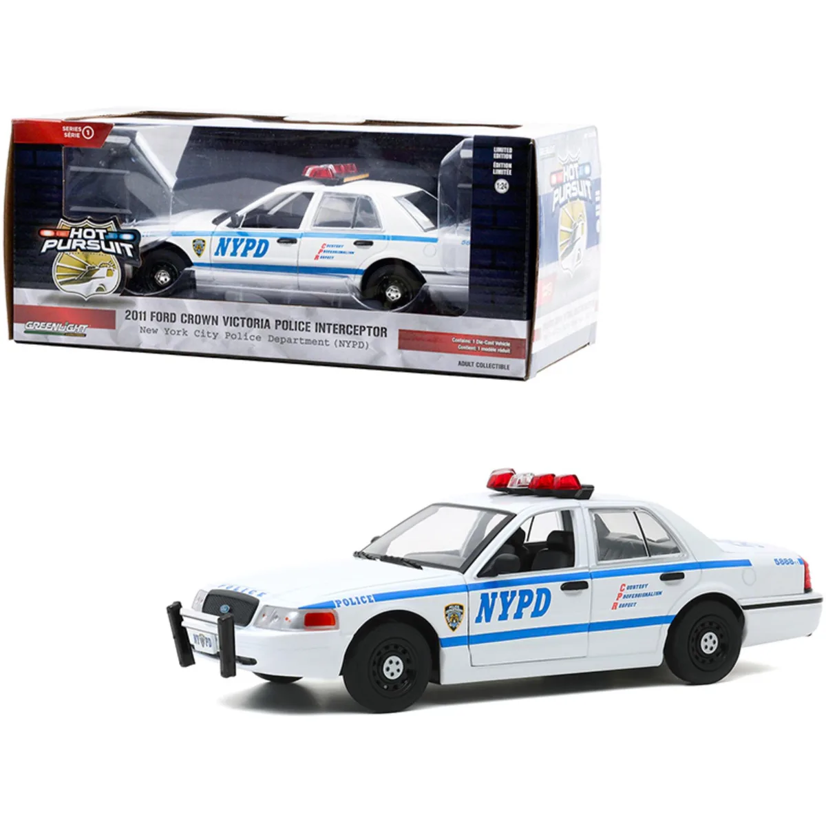 GREENLIGHT GREENLIGHT 2011 Ford Crown Victoria Police Interceptor NYPD White Hot Pursuit 1/24 Diecast Vehicle — product photo