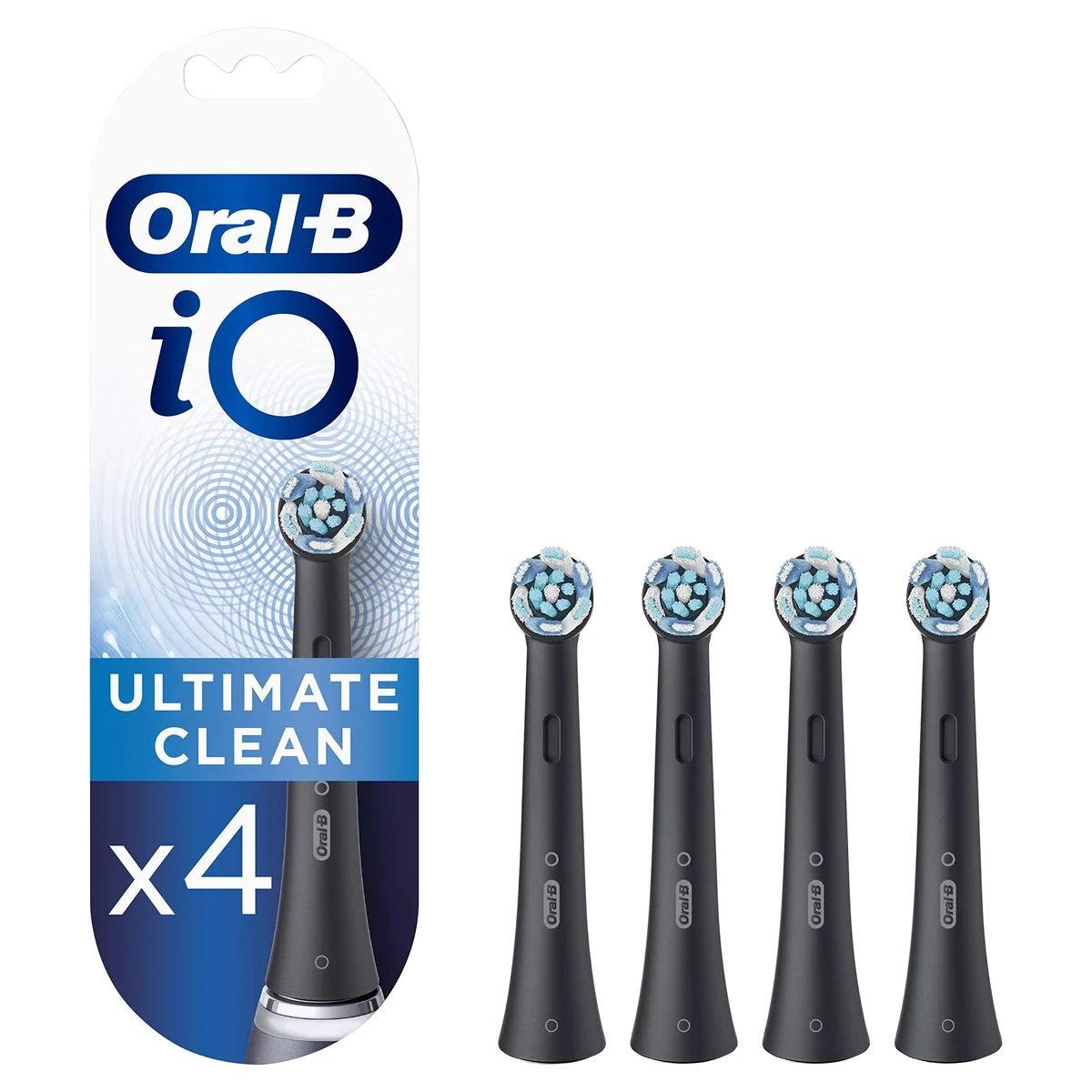 Four black Oral-B iO brush heads with angled bristles