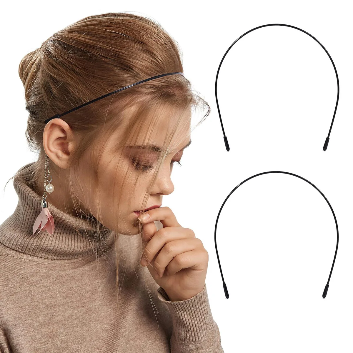 Two black metal headbands, thin wire form with plastic end caps