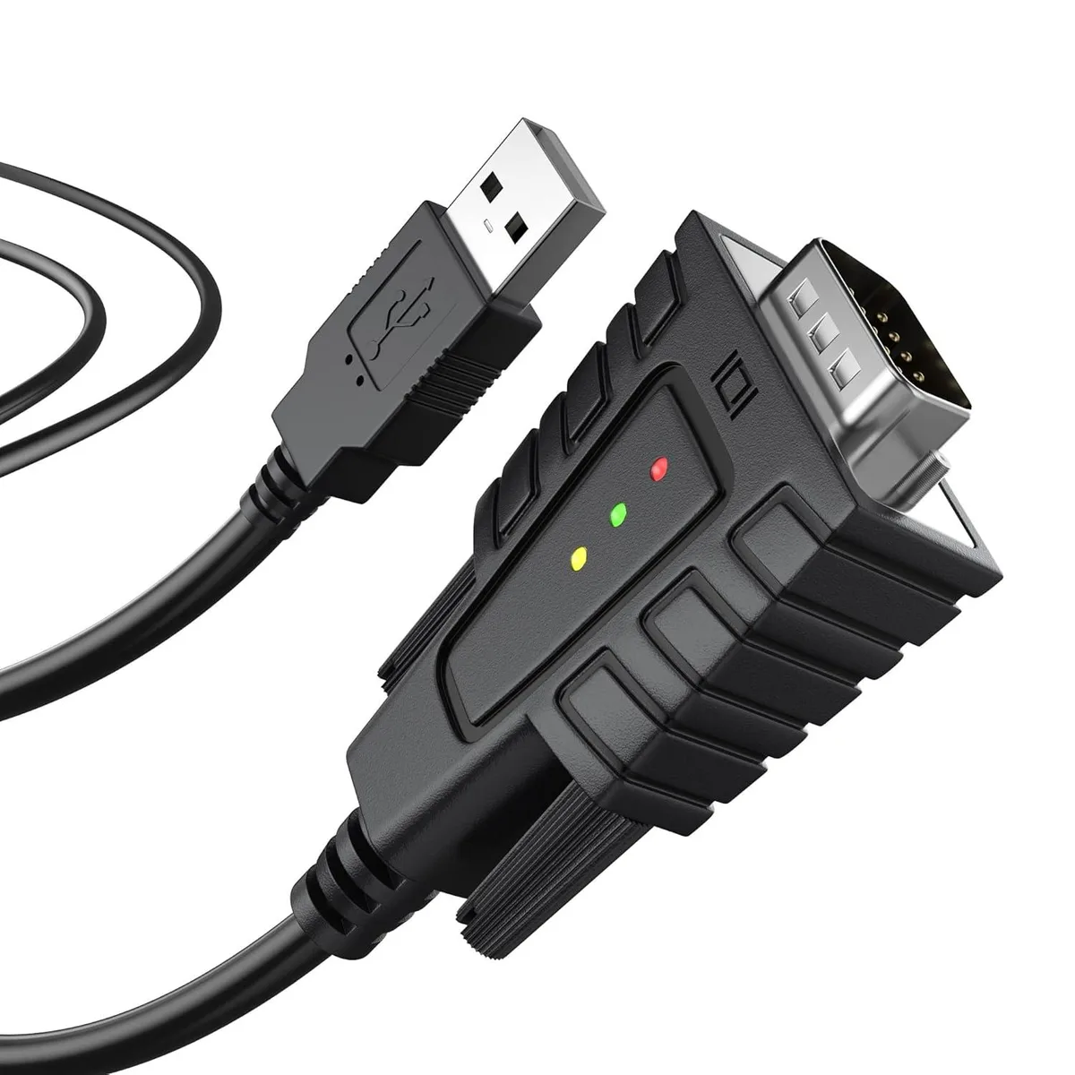 Black USB-A to DB9 serial adapter cable with three status LEDs