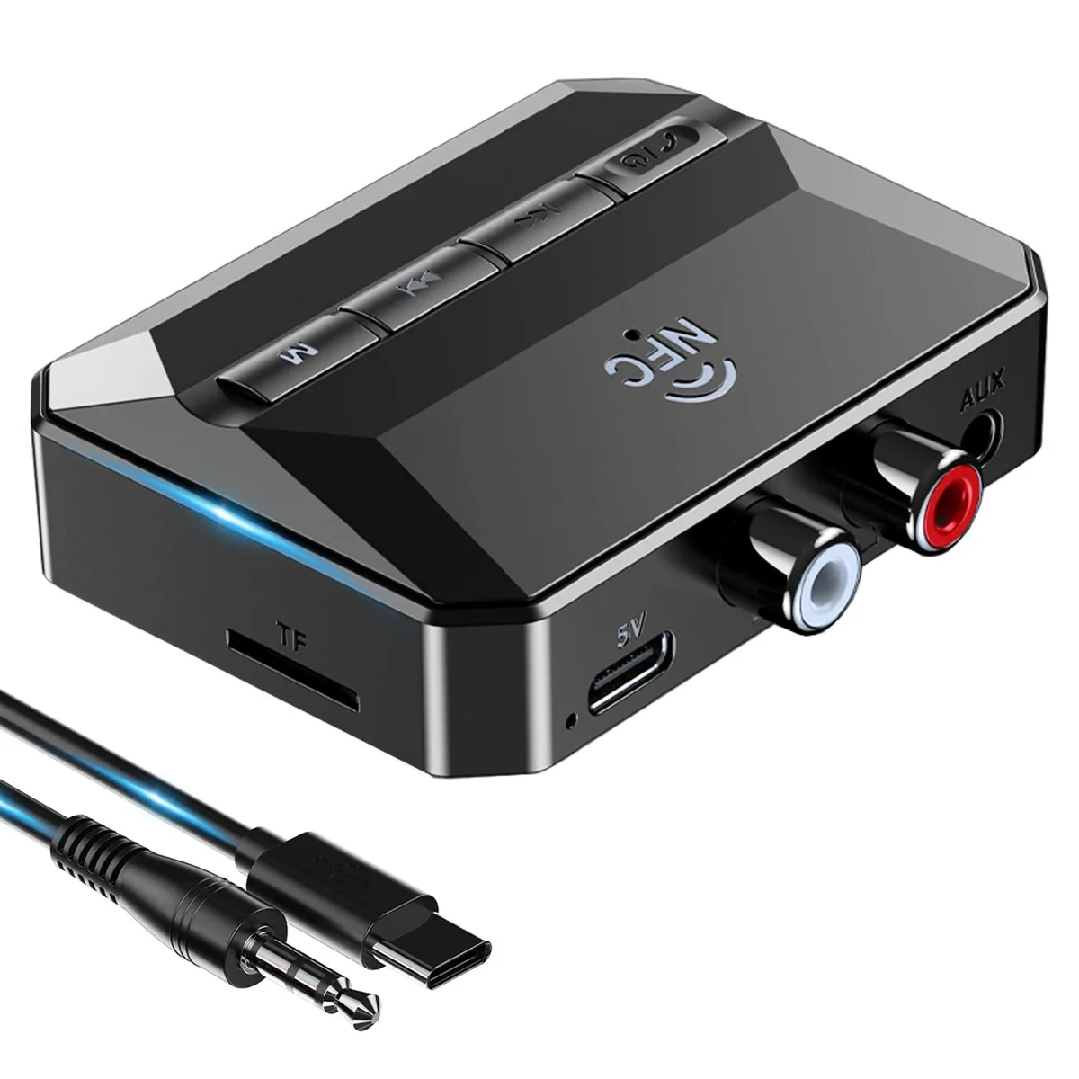 Small black rectangular Bluetooth 5.3 adapter with RCA and 3.5mm ports