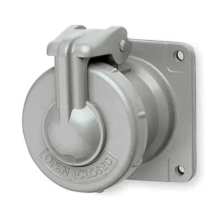 Gray industrial receptacle with flip-up screw cap, flanged mount, four poles and four wires, copper-free aluminum housing