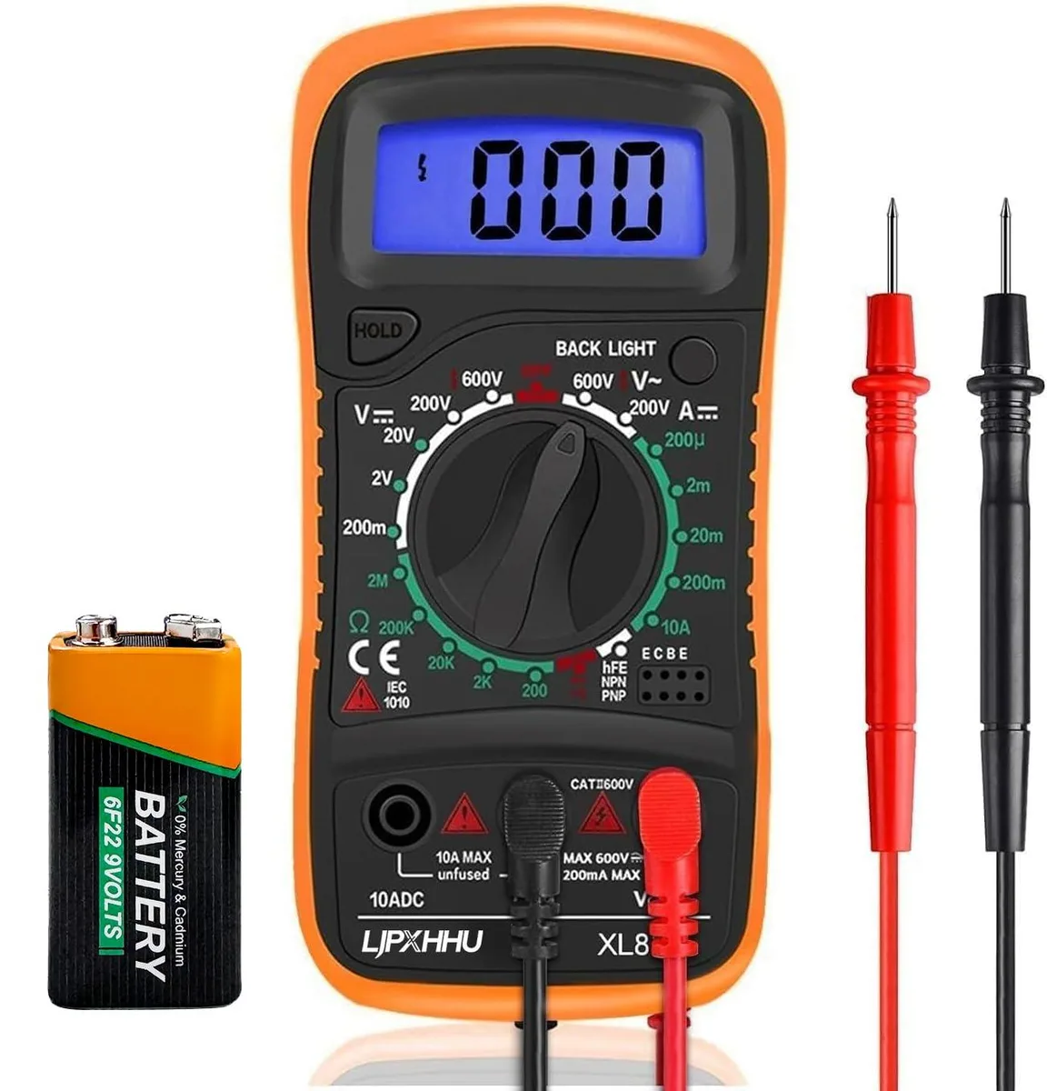 Orange handheld digital multimeter with 2.7 inch backlit LCD display and rubber protective shell
