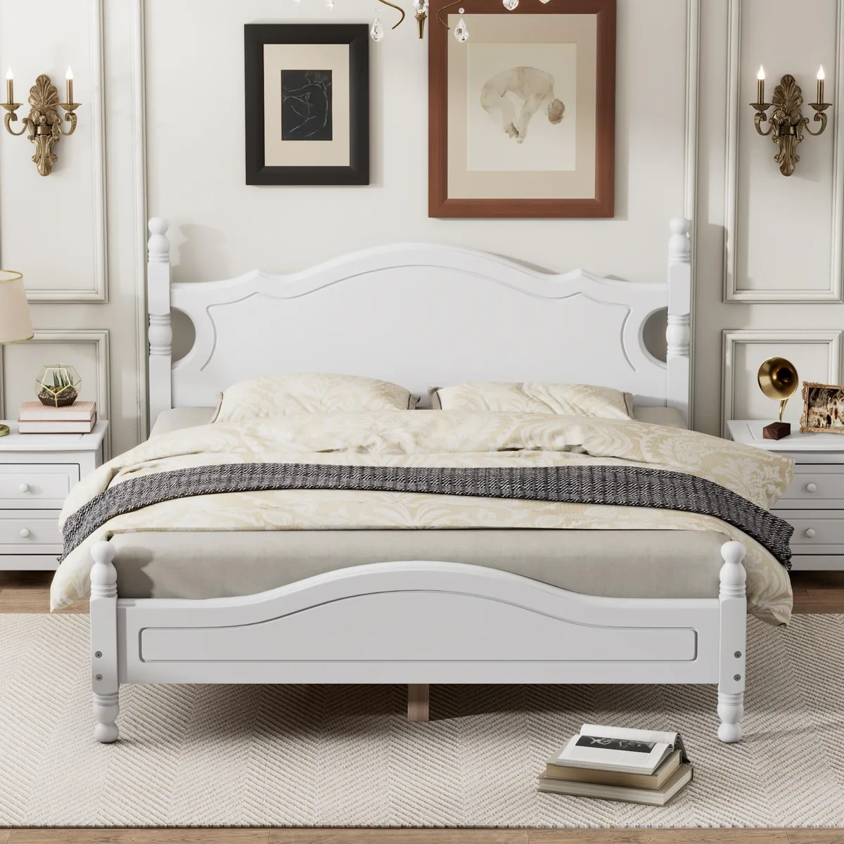 White queen platform bed with slatted headboard and wooden slats
