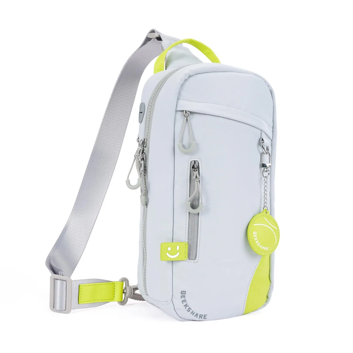 Grey polyester sling bag with zipper, adjustable strap and breathable mesh back