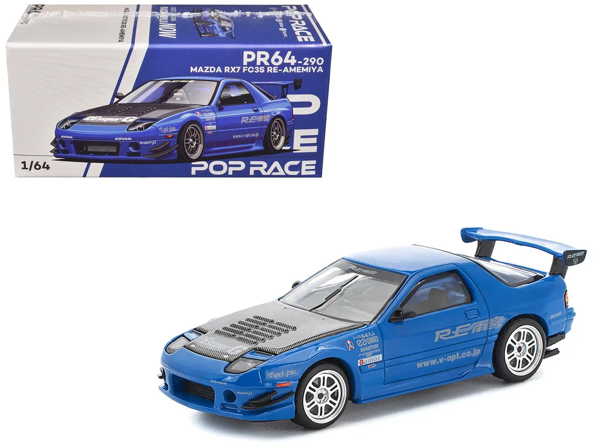 Pop Race Pop Race Mazda RX7 FC3S RE Amemiya RHD Blue Metallic Carbon Hood 1/64 hobby collectible — product photo