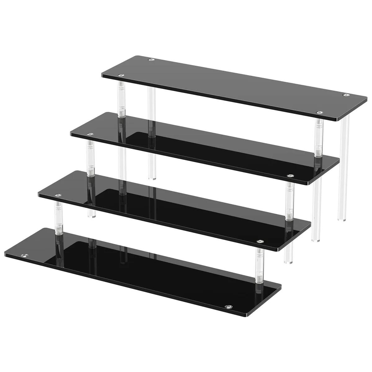 Black four-tier acrylic display stand with polished hardware and two drawers, lightweight clear shelves on dark frame