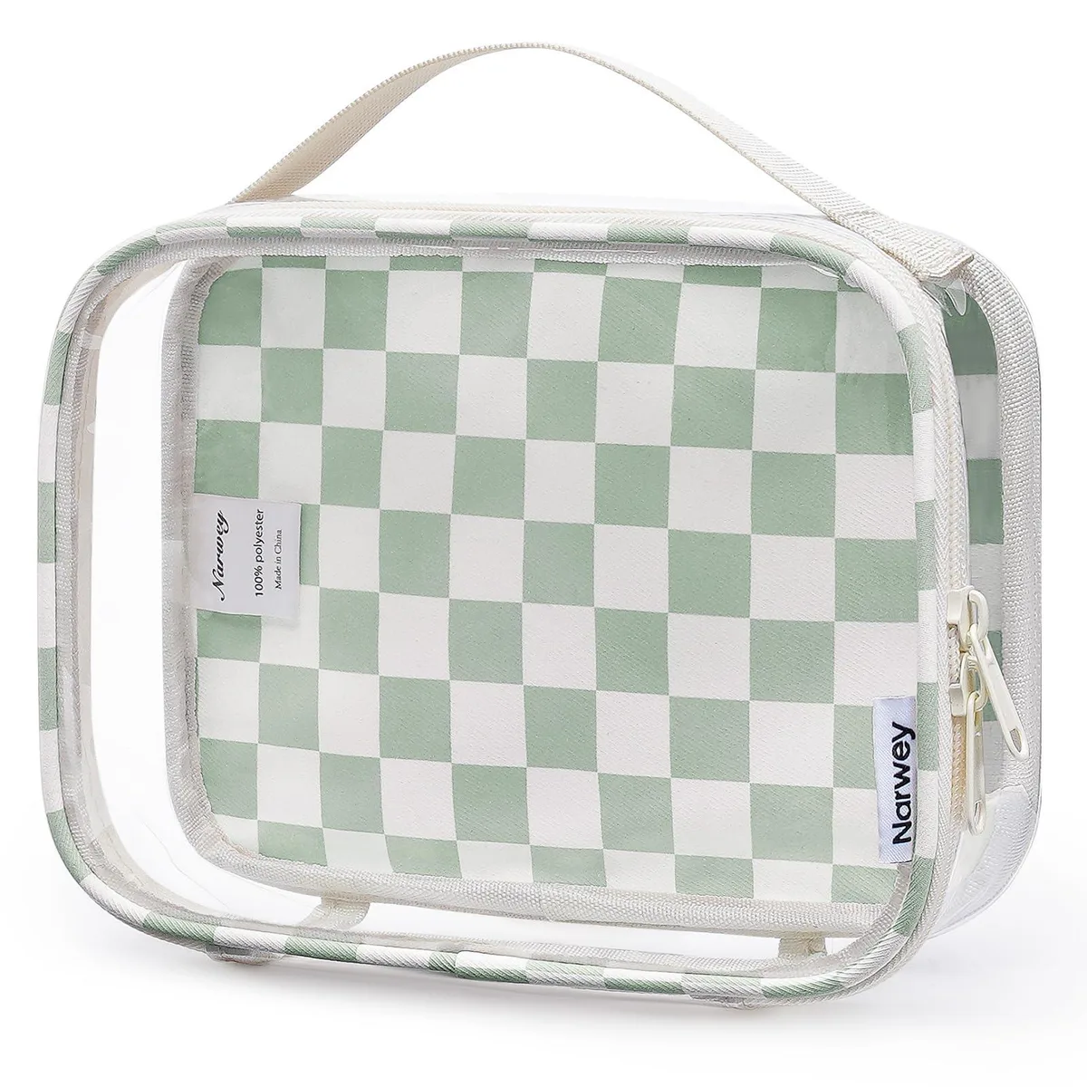 Clear mint-green checkerboard toiletry bag with double zip and handle