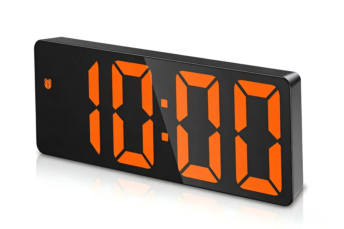 Black rectangular digital clock with orange LED digits on a 6.3 inch display