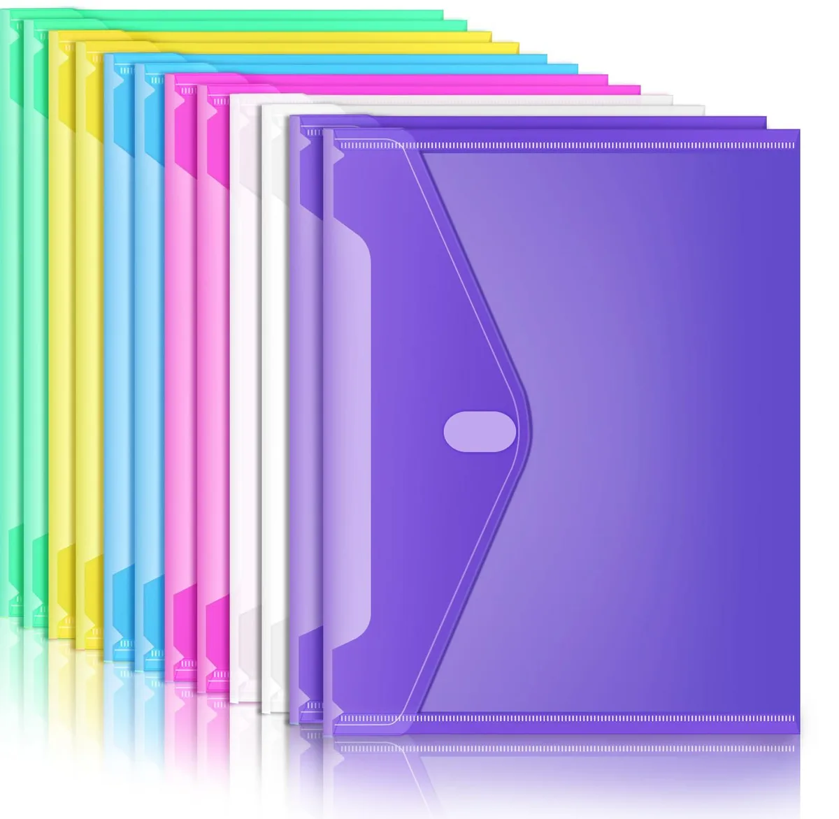 Twelve assorted-colour translucent plastic envelopes with hook-and-loop closure, A4 size