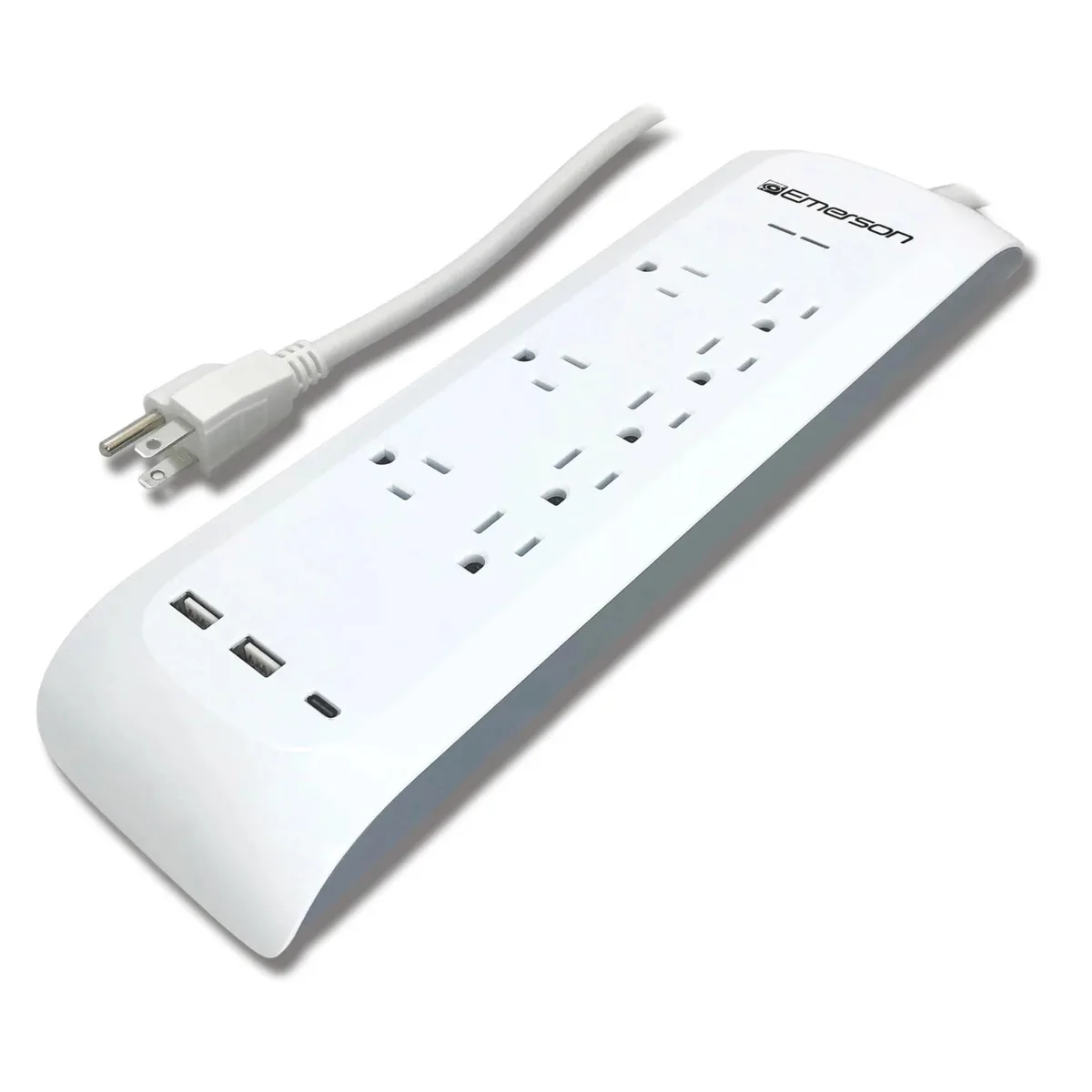 White vertical charging tower with eight AC outlets and three USB ports, six-foot cord