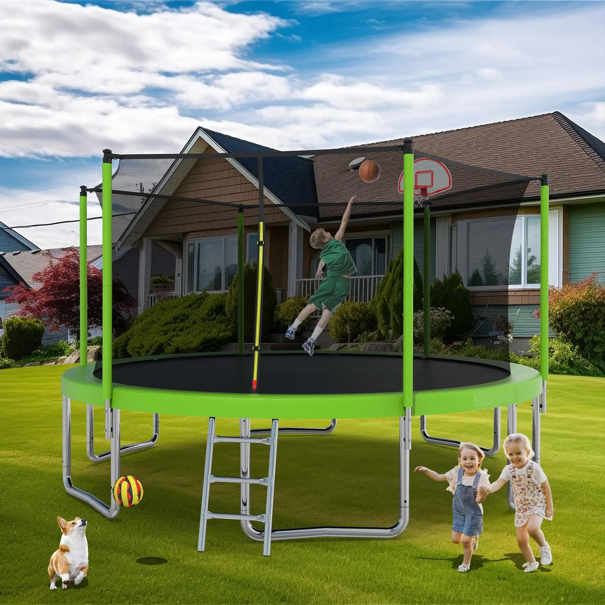 MERSCO MERSCO 14ft Trampoline with Basketball Hoop Green — product photo