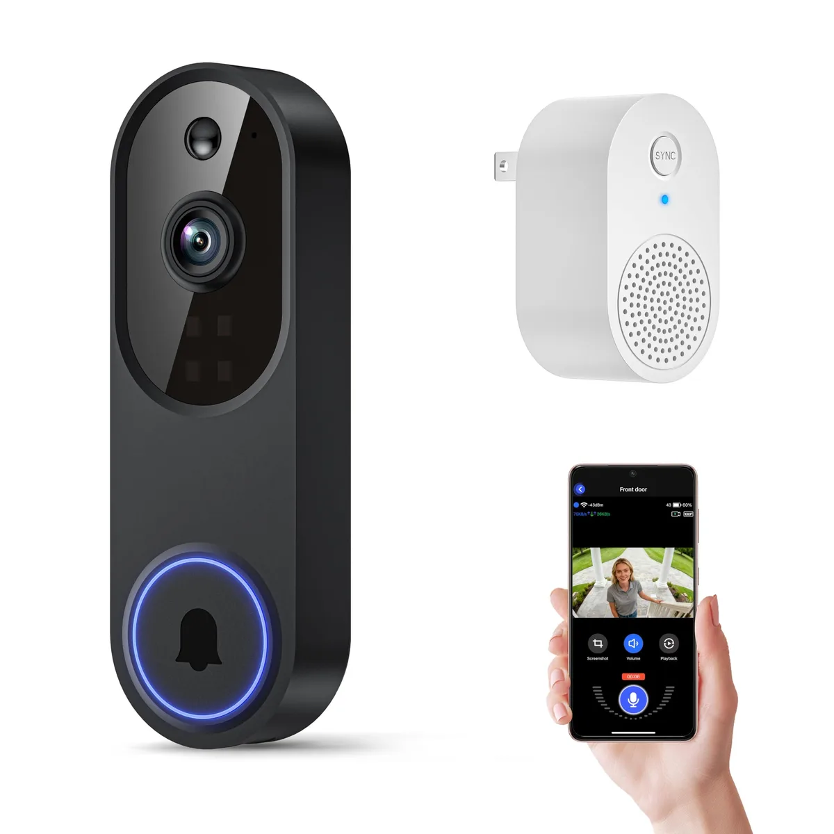 Small rectangular white doorbell camera with lens and speaker grille, battery powered, includes mounting accessories