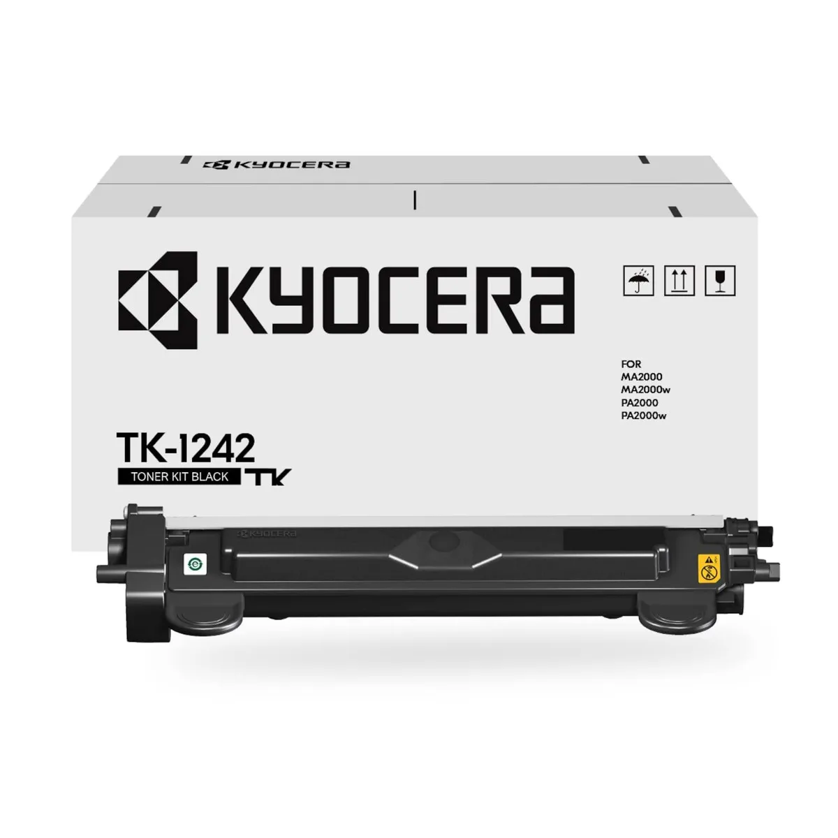 Rectangular black Kyocera TK-1242 toner cartridge with green chip and pull tab