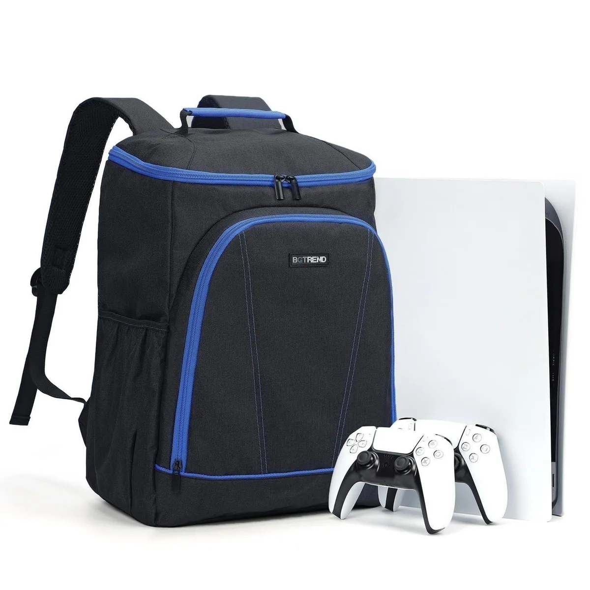 Black canvas backpack with front and side pockets, padded shoulder straps, rectangular shape