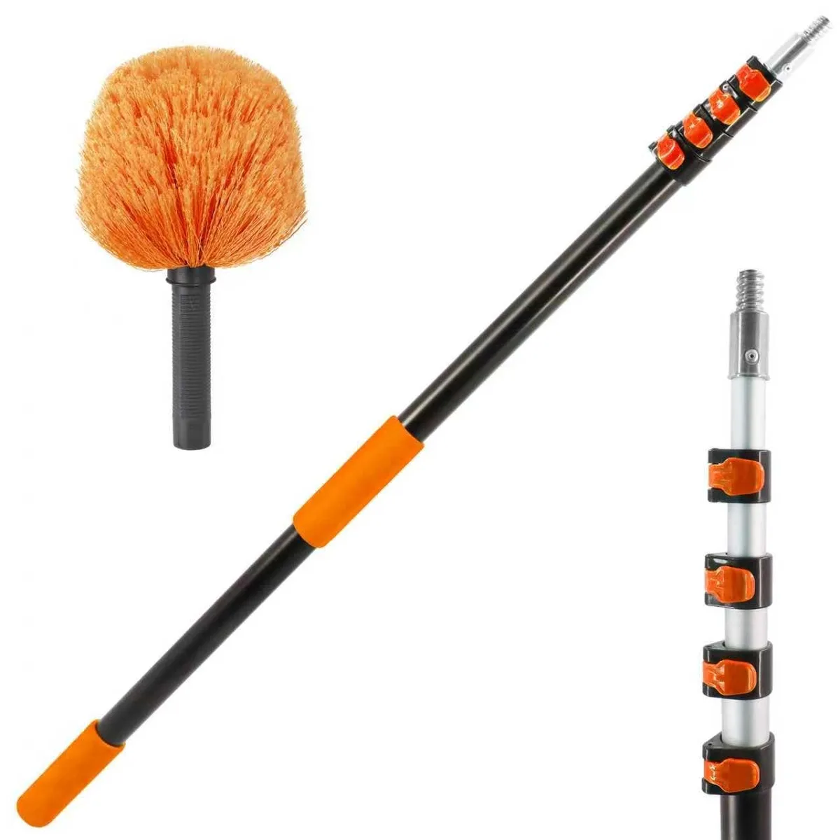 White cobweb duster head on silver five-section telescopic aluminium pole