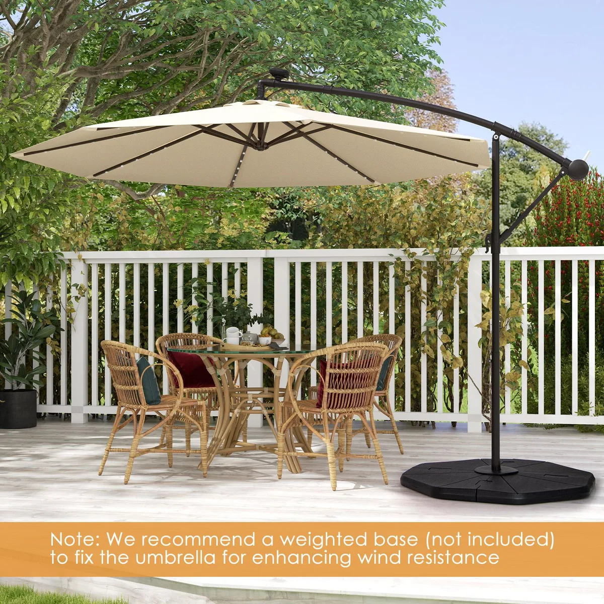Beige 10 ft offset umbrella with solar panel and 40 lamp beads on cross base