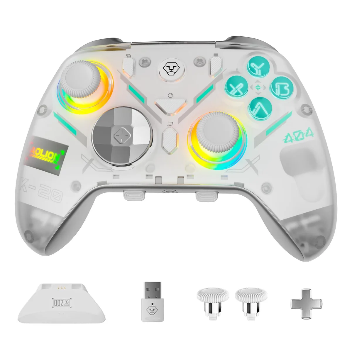 Wireless game controller with charging dock, matte finish, RGB lighting visible