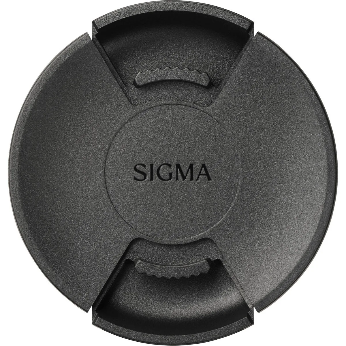 Black 82mm center-pinch front lens cap, flat disc shape, matte finish