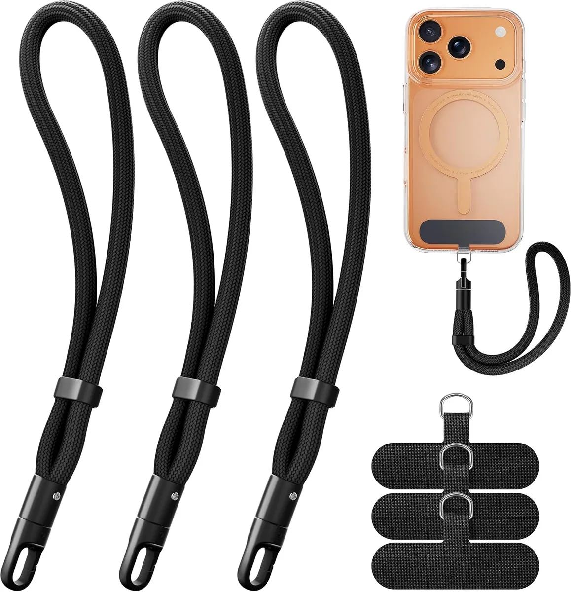 Three black adjustable wrist strap lanyards with tether tabs and swivel clips