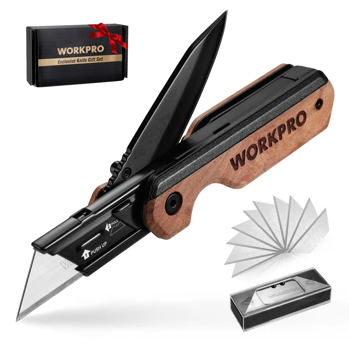 Blue folding utility knife with belt clip and wood handle, 6.63in closed length