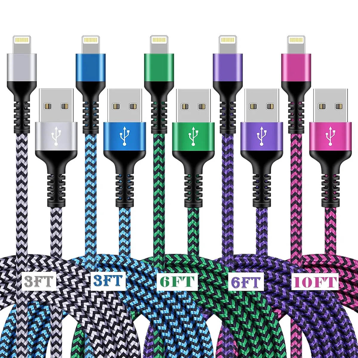 lelisten lelisten 5-pack USB-A to Lightning charger kit 3/6/10ft braided — product photo