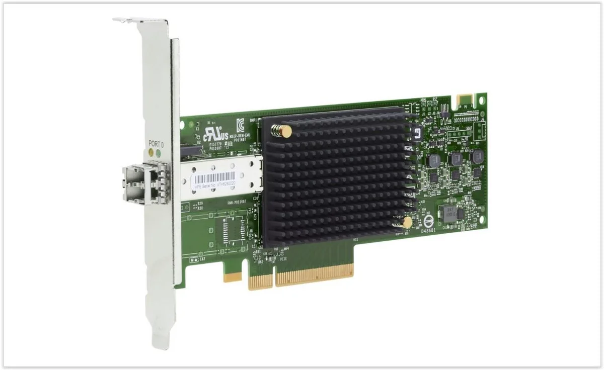 Green low-profile PCIe x8 SAS RAID controller card with silver bracket