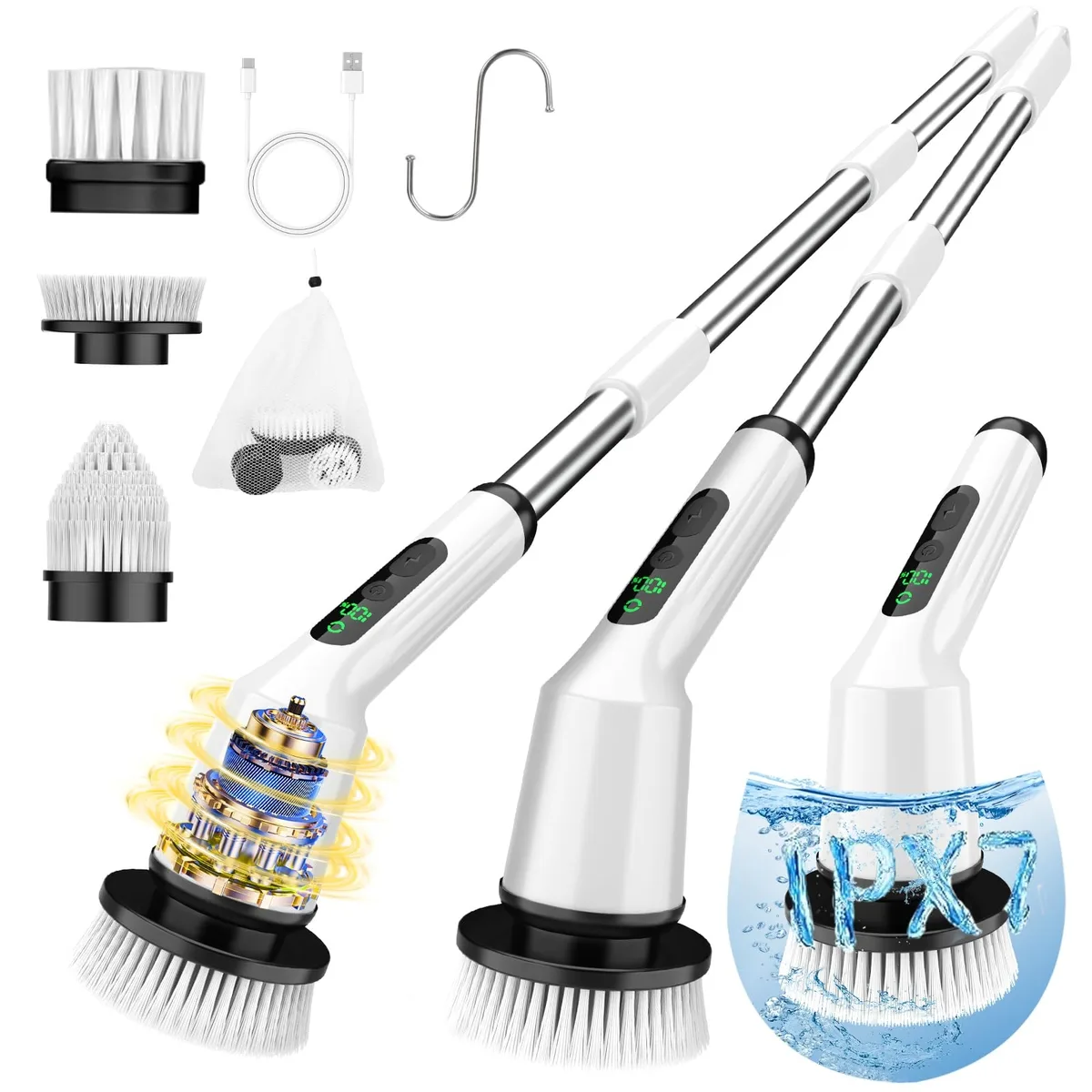 White cordless spin scrubber with 53-inch adjustable pole and three brush heads