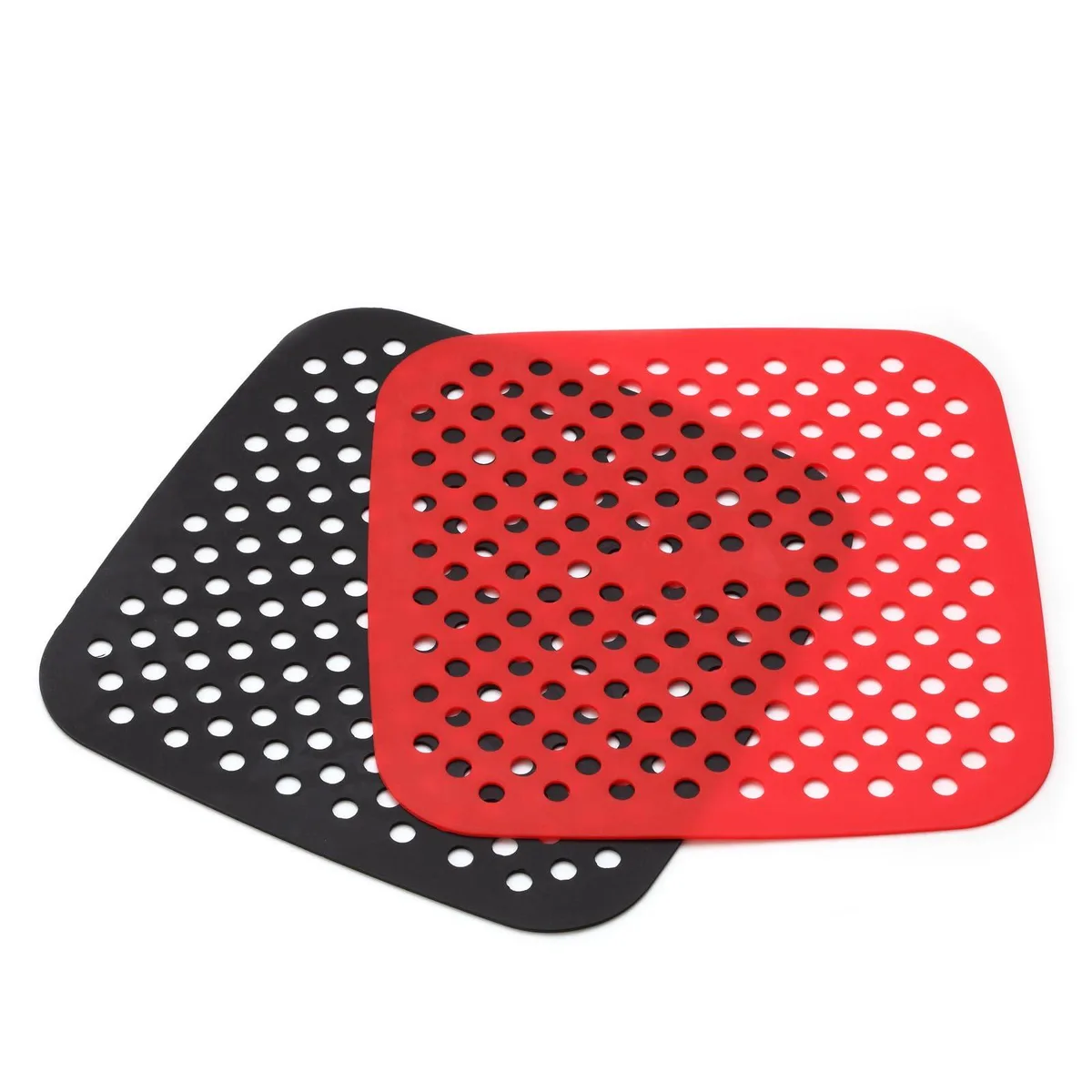 Two square red and black silicone mats, 8.5 inch, perforated design