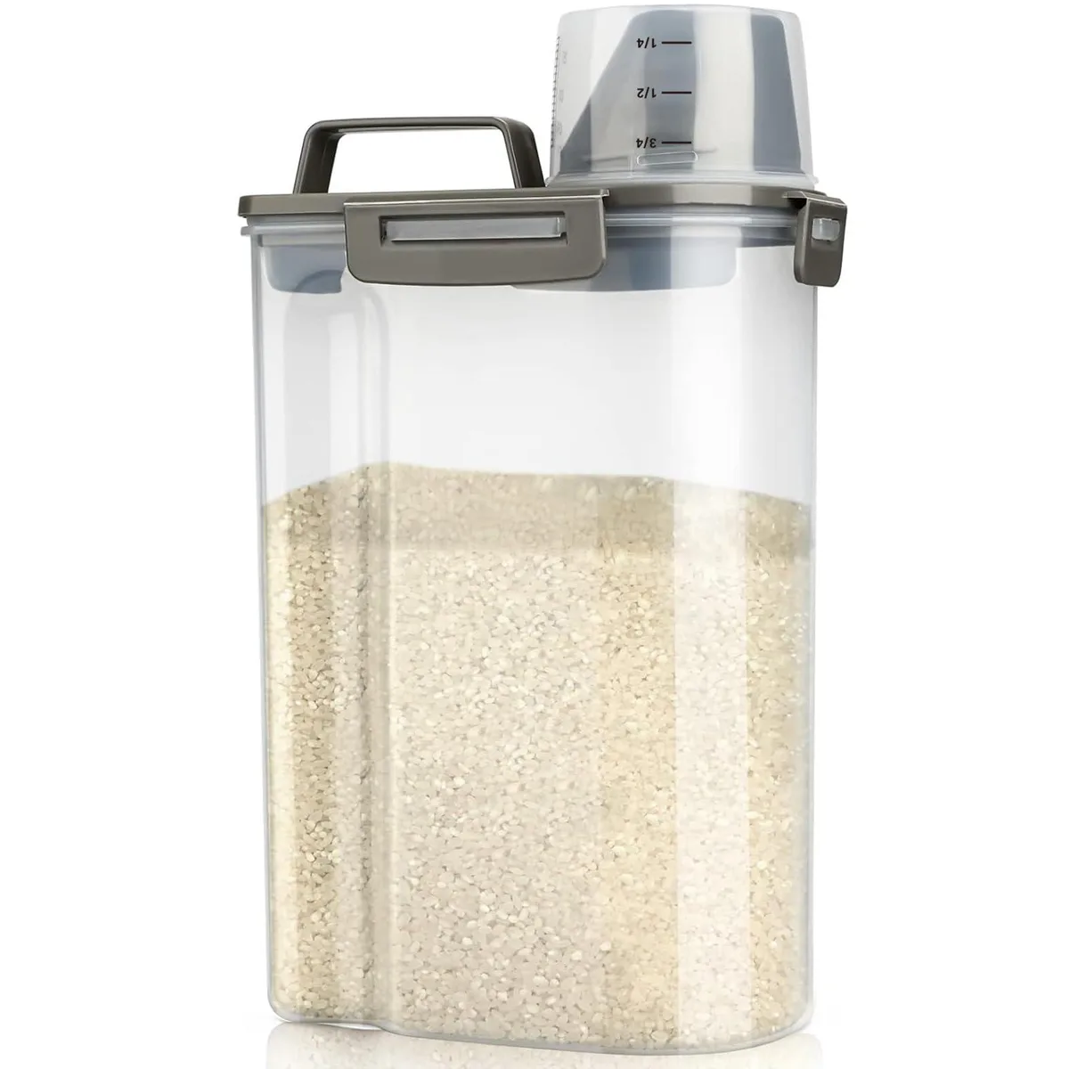 Red plastic food storage container with clear body, flip-top lid, measuring cup and handle