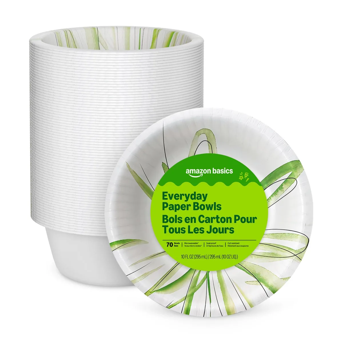Stack of white round paper bowls in open packaging