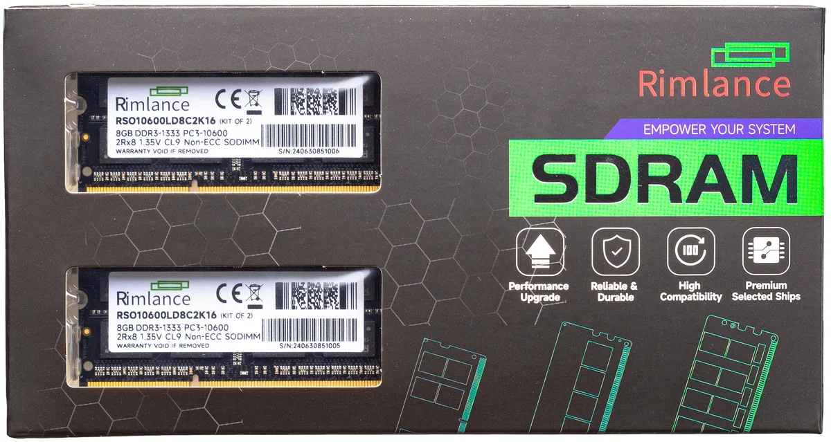 RIMLANCE RIMLANCE RSO10600LD8C2K16 16GB (2x8GB) DDR3 1333MHz 1.35V 204-Pin SODIMM — product photo