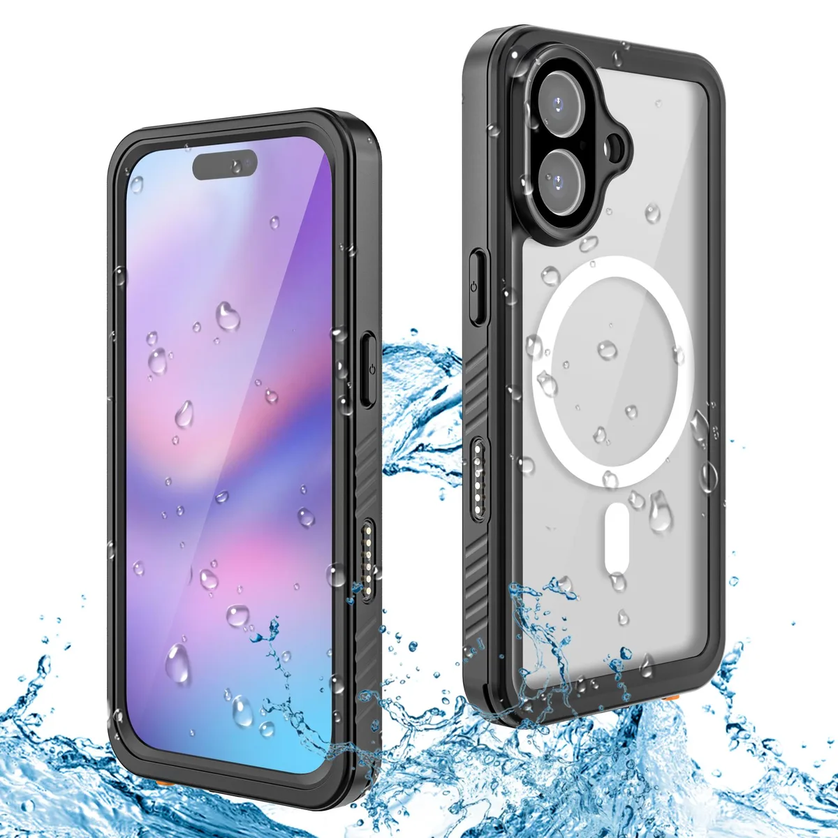 Black waterproof case for iPhone 17 with built-in screen protector and MagSafe ring