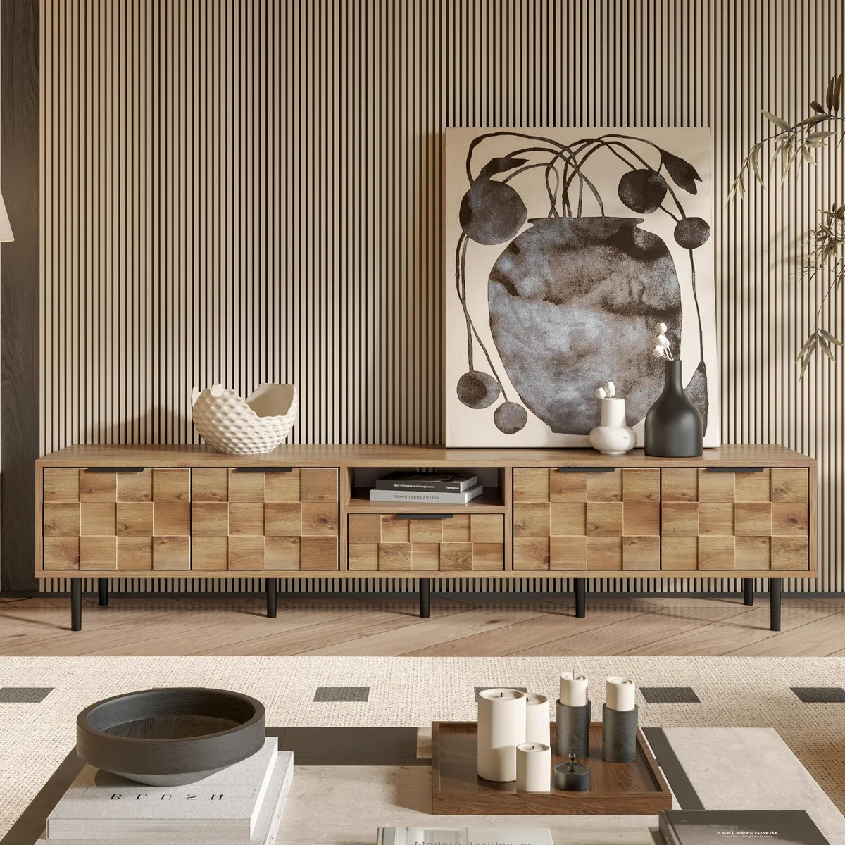 tuphen tuphen 78" TV Stand Natural Checkered Particle Board+MDF 85in max — product photo