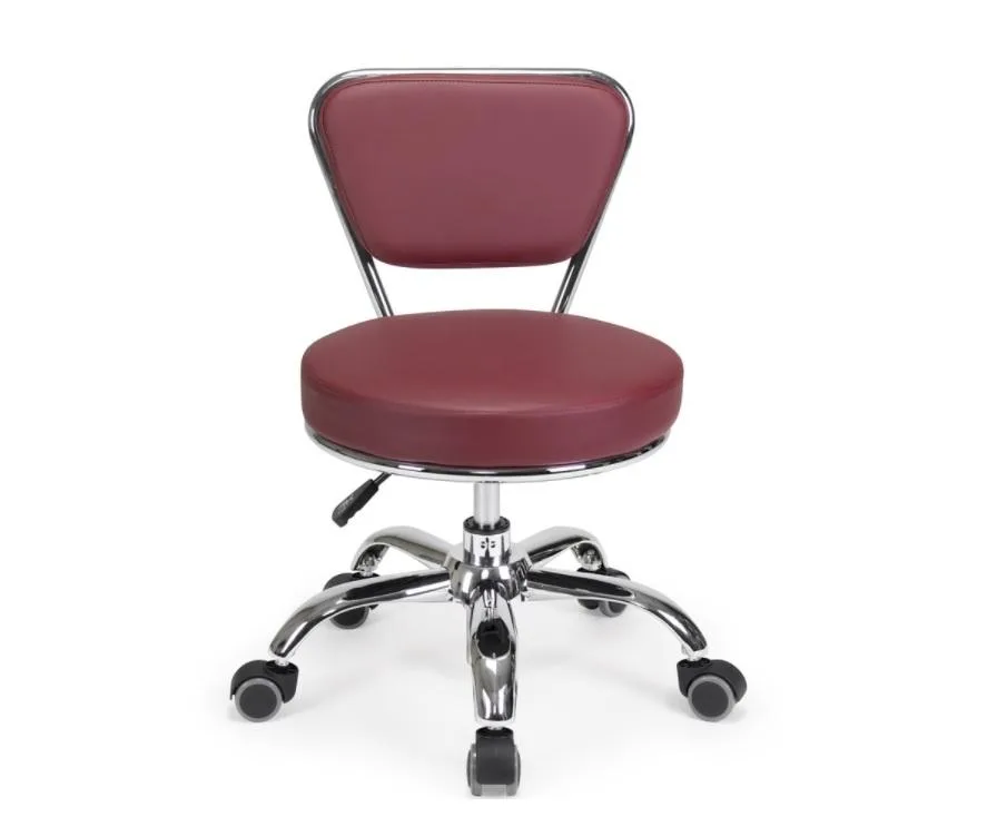 Red padded rolling bathroom stool with chrome base, adjustable height 13-15 inches, five casters, backrest