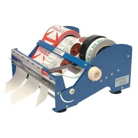 Blue tabletop tape dispenser with serrated blade, steel body