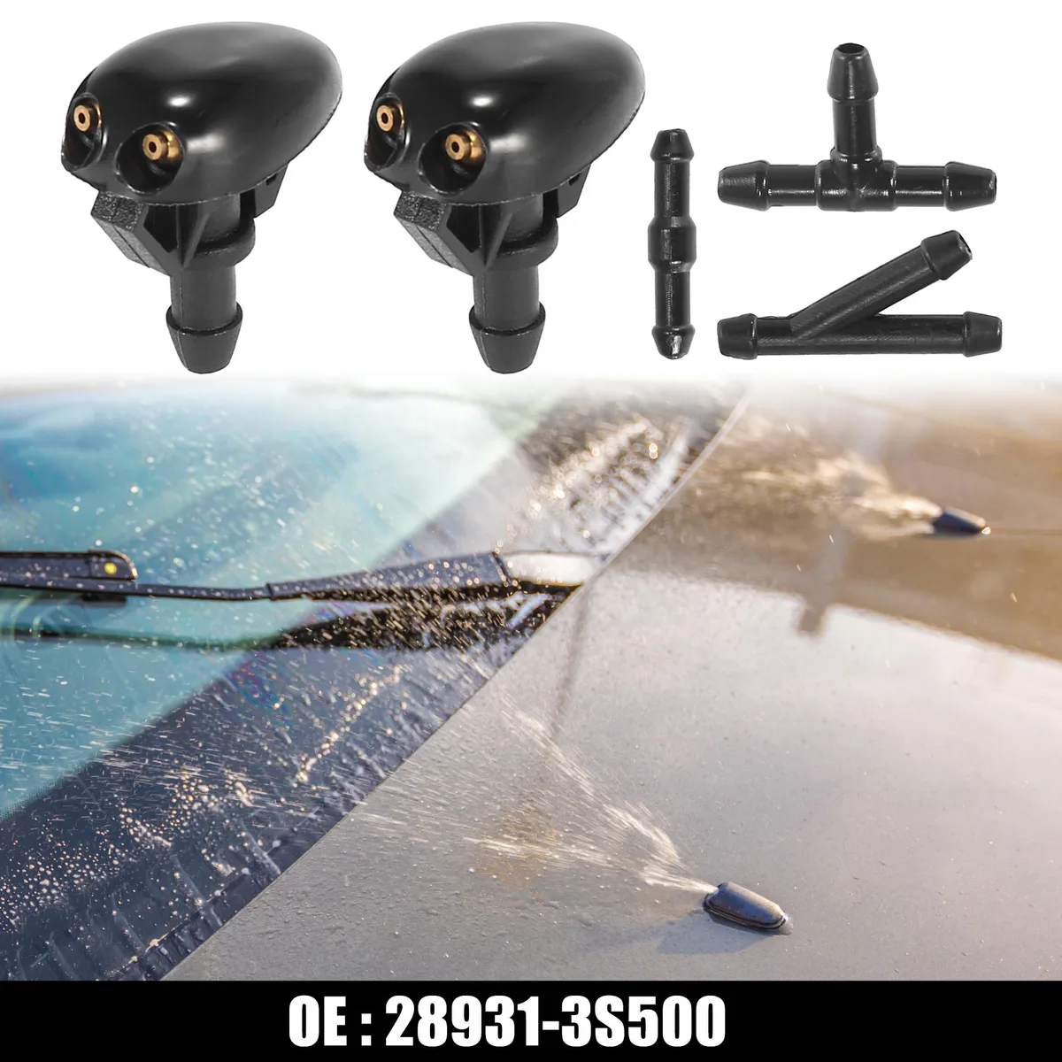 Five black plastic windshield washer nozzles with hose connectors
