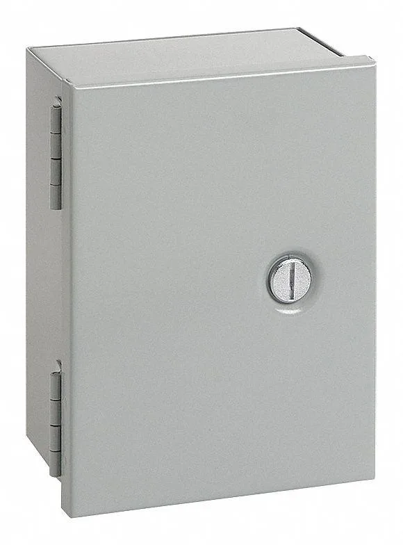 Gray powder-coated steel enclosure with slotted flush latch, 6 by 4 inches