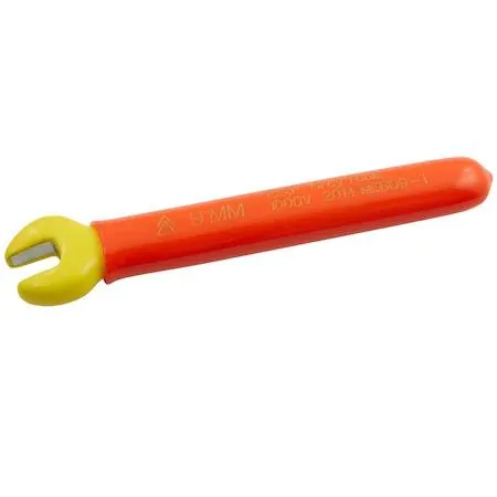 Orange insulated open-end wrench with yellow safety layer, 9mm opening