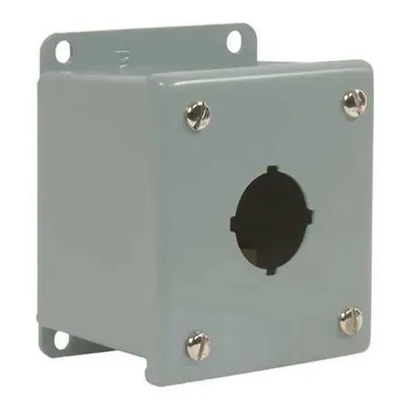 Gray metal pushbutton enclosure, single 30 mm hole, surface mount, 4.5 by 3.47 by 2.75 inches