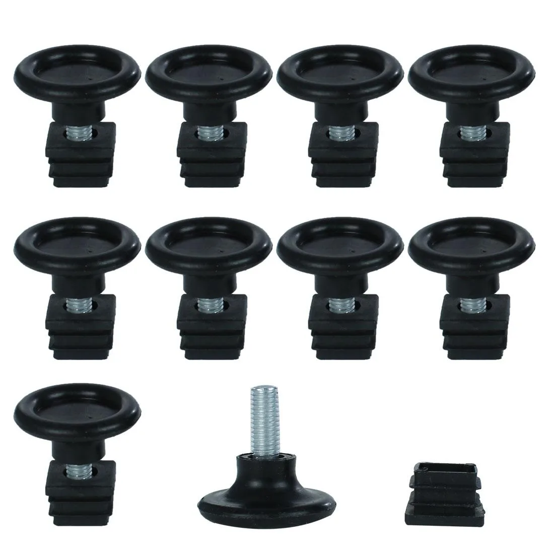 Ten black square tube inserts with adjustable threaded feet, 20mm size