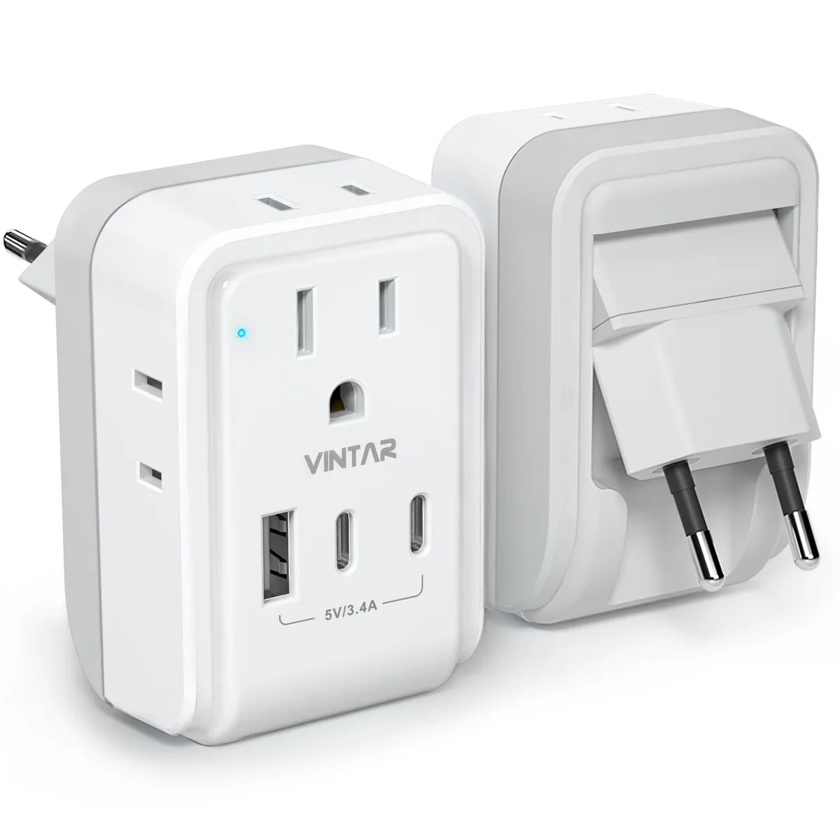 White and grey foldable travel adapter with four AC outlets and three USB ports including two USB-C